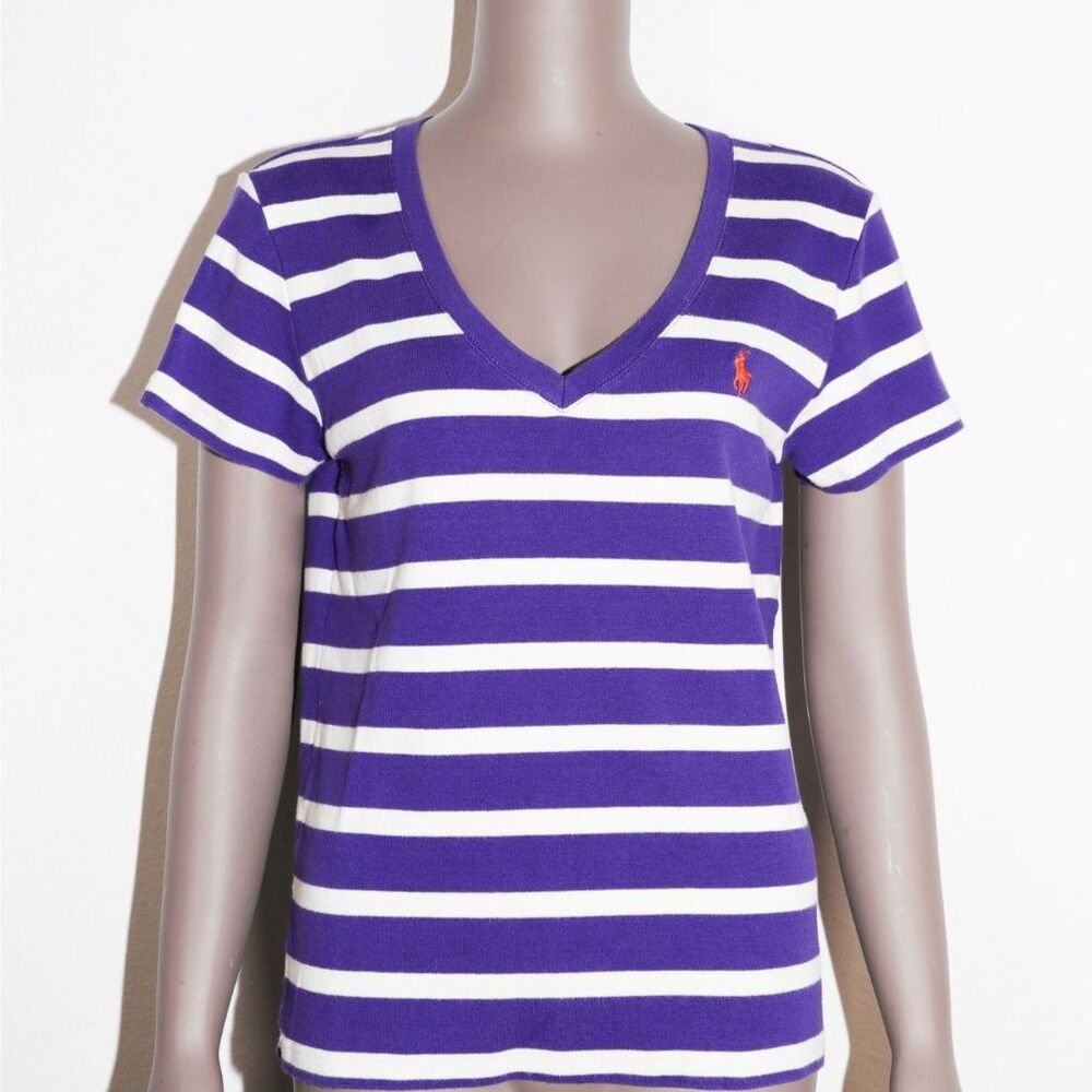 Ralph‎ Lauren Sport Preppy Striped V Neck Short Sleeve Top Size Medium